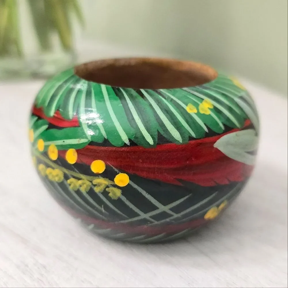 Wooden Bowl Hand painted Macaw Parrot Bird Planter trinket dish